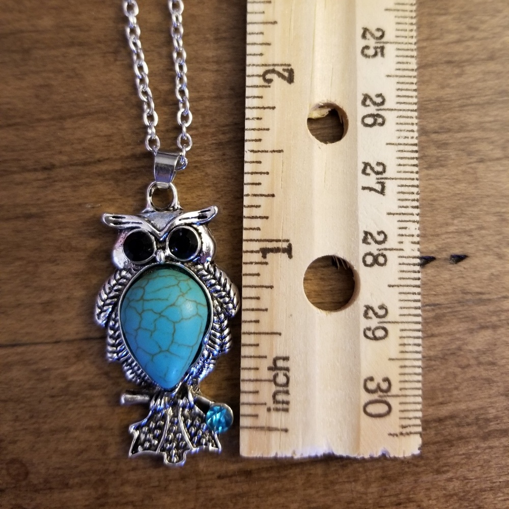 TURQUOISE OWL SILVER FASHION NECKLACE NEW - Picture 3 of 4